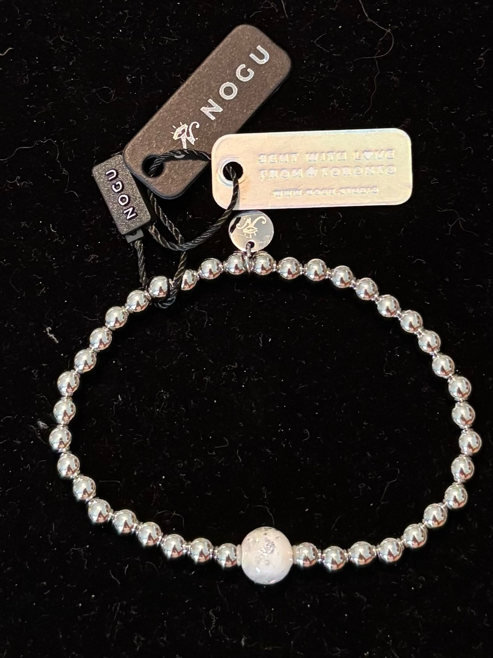New w/tags NOGU Silver Beaded Stretch Bracelet - White stone